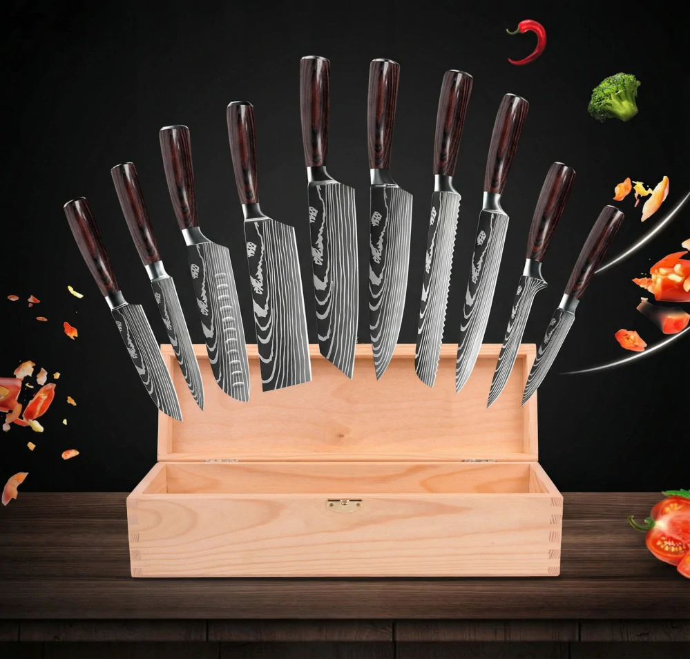 Profesionální japonské kuchyňské nože 10 ks z nerezové oceli s imitací damaškové oceli v dřevěné kazetě
