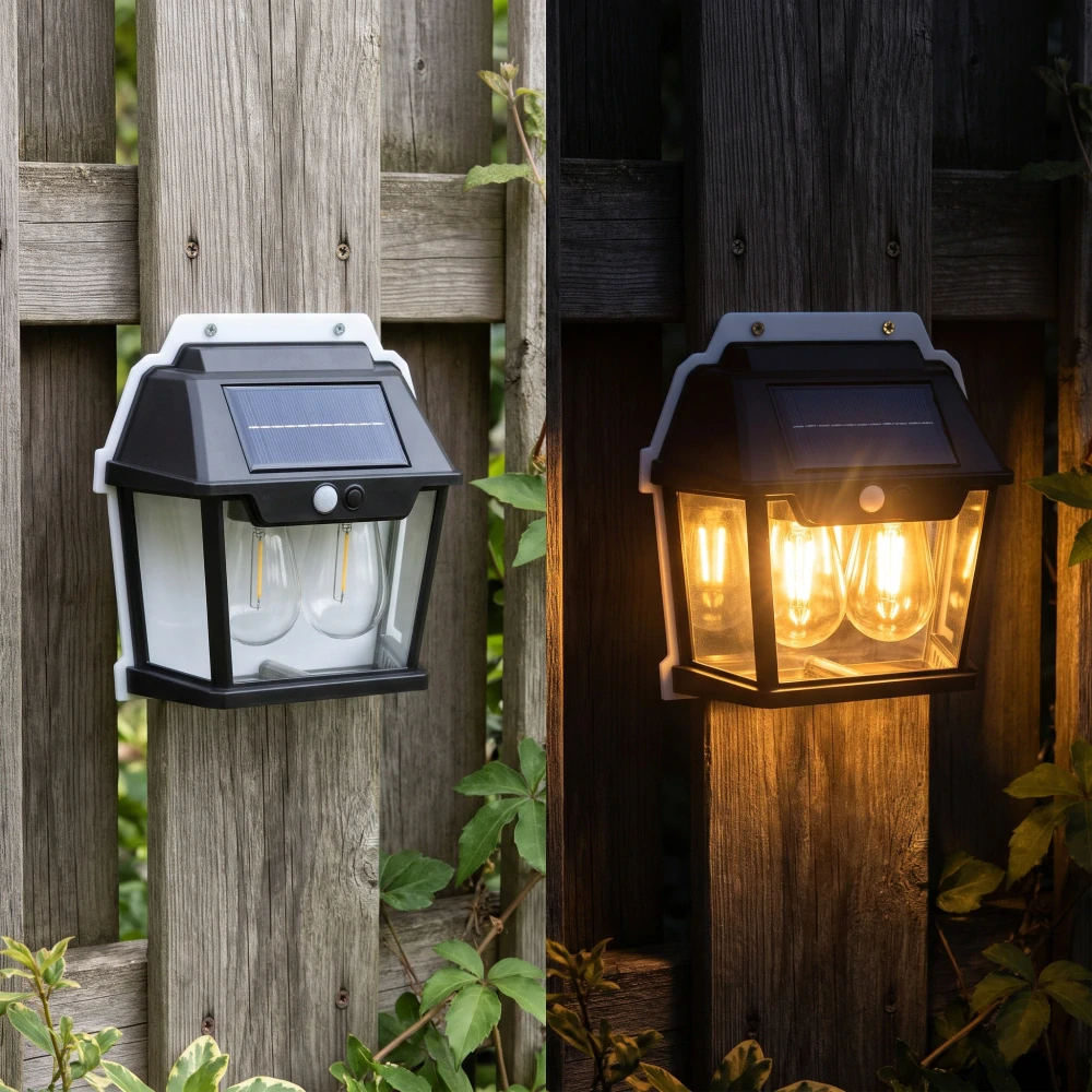 Solární LED nástěnná lampa solar 2x žárovka s čidlem pohybu a soumraku