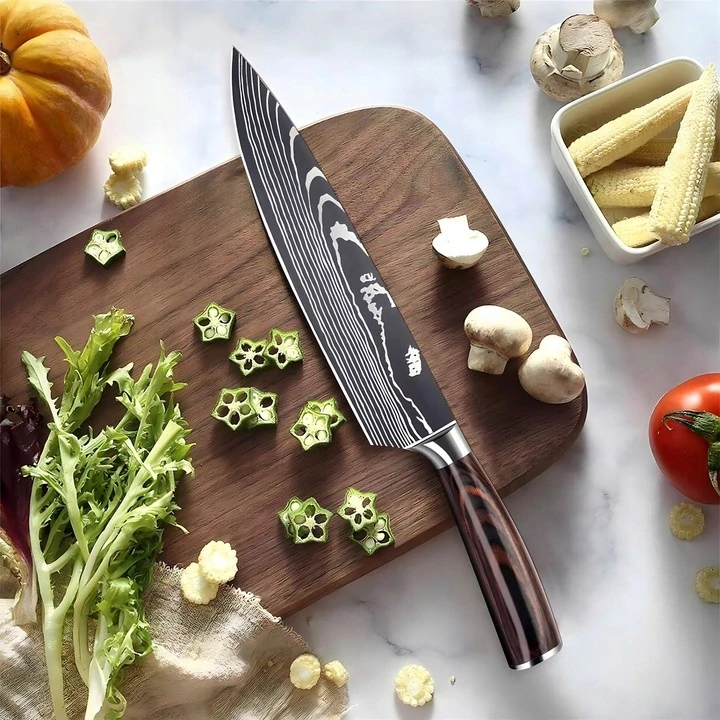 Profesionální japonské kuchyňské nože 10 ks z nerezové oceli s imitací damaškové oceli v dřevěné kazetě