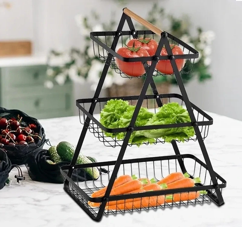 Koš na ovoce a zeleninu kovový dekorativní stojan třipatrový